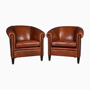 20th Century Dutch Sheepskin Leather Tub Chairs, Set of 2