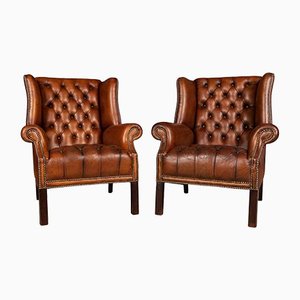 20th Century English Sheepskin Leather Wingback Armchairs, Set of 2