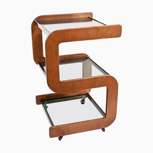 Italian Steel and Wood Bar Trolley with 3 Smoked Glass Shelves, 1970s