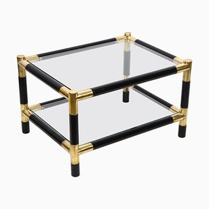 Mid-Century Italian Wood and Brass Side Table with 2 Crystal Shelves, 1970s