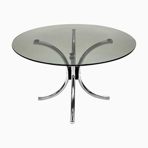 Mesa de centro italiana Mid-Century de acero cromado con tablero redondo de vidrio ahumado, años 60