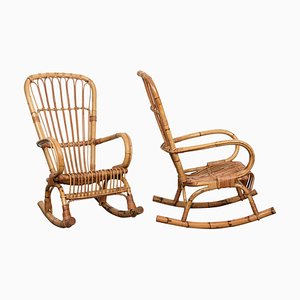 Rocking Chairs Mid-Century en Rotin et Bambou, Italie, 1960s, Set de 2