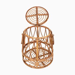 Mid-Century Bamboo & Rattan Round Decorative Basket, Italy, 1950s