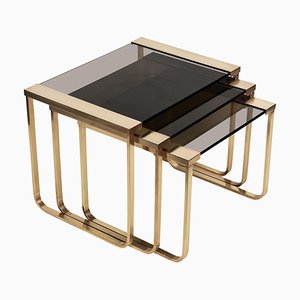 Mid-Century Solid Brass and Smoked Glass Interlocking Side Tables, 1970s, Set of 3