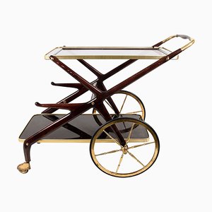 Mid-Century Modern Wood and Brass Italian Bar Cart by Cesare Lacca, Italy, 1950s