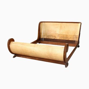 Parchment & Wood Bed by Guglielmo Ulrich for Valzania Italia, 1930s