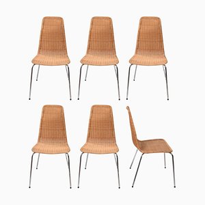 Italienische Mid-Century Stühle aus Rattan, Korbgeflecht & verchromtem Metall, 1970er, 6 . Set