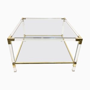 Italian Acrylic Glass & Brass Square Cocktail Table by Charles Hollis Jones, 1970s