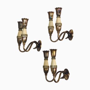 Mid-Century Italian Brass & Enameled Metal Sconces in the Style of Gio Ponti, 1950s, Set of 3