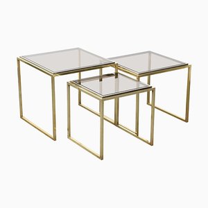 Mid-Century Italian Modern Chrome and Brass Smoked Glass Nesting Tables, 1970s, Set of 3