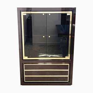 Mid-Century Italian Dark Brown Lacquered Wood and Brass Cabinet, 1980s