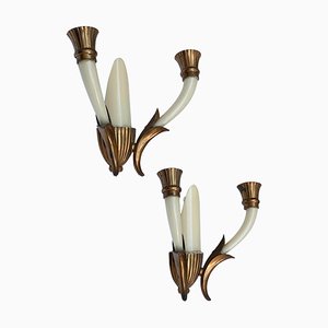 Italian Ivory White Blown Murano Glass & Coppered Brass Sconces, 1940s, Set of 2