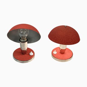 Czech Bauhaus Red Metal & Aluminium Table Lamps, 1930s, Set of 2