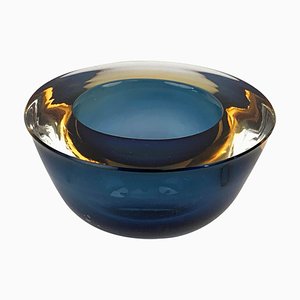 Italian Sommerso Amber Blue Murano Glass Ashtray or Bowl by Flavio Poli, 1960