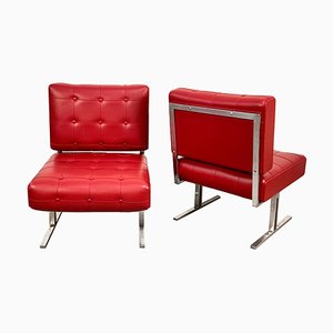 Red Faux Leather & Steel Armchairs by Hausmann for de Sede, 1950s, Set of 2