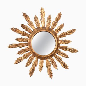 Mid-Century French Modern Gilded Wood Sunburst Wall Mirror, 1950s