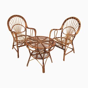 Mid-Century Italian Rattan & Bamboo Armchairs and Coffee Table, 1970s, Set of 3