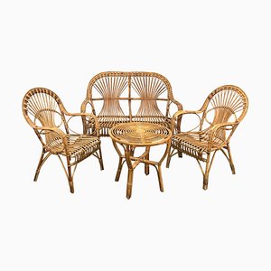 Mid-Century Italian Rattan & Bamboo Sofa, Armchairs & Coffee Table, 1960s, Set of 4