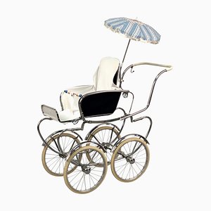 Mid-Century Italian Steel & White Fabric Baby Pram Stroller from Giordani, 1950s