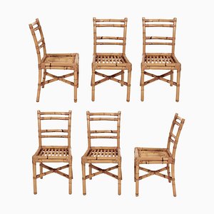 Mid-Century Italian Rattan Side Chairs with Rattan Sticks Seat, 1970s, Set of 6