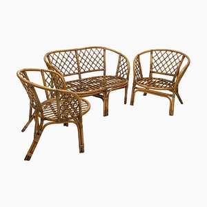 Set of Mid-Century French Riviera Bamboo and Rattan Sofa and Armchairs, 1960s