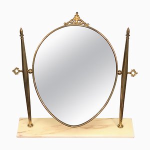 Italian Polished Brass Table Mirror with Adjustable Marble Vanity Base, 1950s