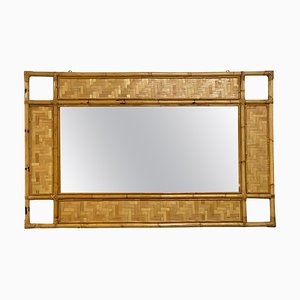 Italian Rectangular Mirror with Bamboo, Rattan and Wicker Structure, 1970s