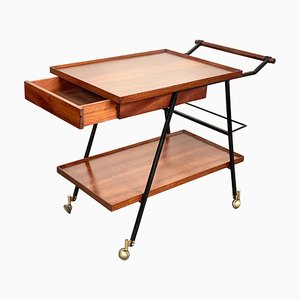 Mid-Century Italian Wooden Bar Trolley with Bottle Holder and Drawer, 1960s