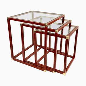 Italian Brass, Red Enameled Metal and Glass Nesting Tables by Tommaso Barbi, 1970s, Set of 3