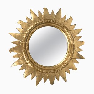 Mid-Century Italian Gilded Plastic Round Sunburst Wall Mirror, 1970s