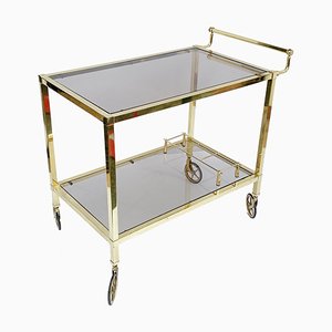 Italian Gold-Plated Smoked Glass Brass Bar Cart on Two Levels, 1970s