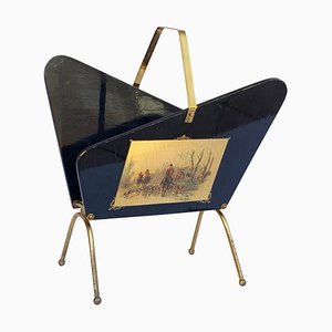 Italian Ebonized Wood and Brass Magazine Rack with 2 Prints in the Style of Gio Ponti