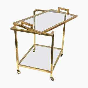 Gilded Brass and Glass Trolley with Service Tray, Italy, 1980s