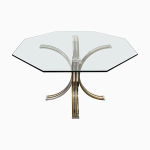 Octagonal Dining Table in Brass, Chrome & Glass, Italy, 1970s