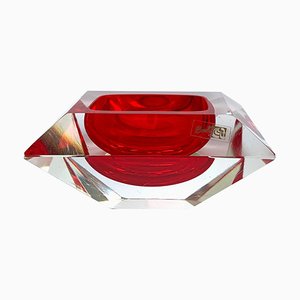 Italian Ruby Submerged Cut Murano Glass Bowl by Flavio Poli, 1950s