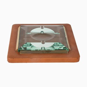 Italian Brass and Faceted Glass Leather Ashtray from Fontana Arte, 1970s