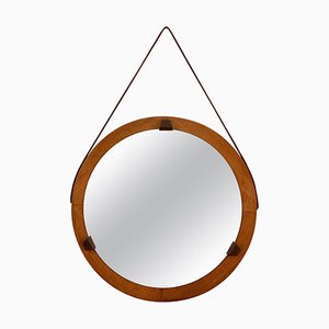 Italian Round Teak Framed Wall Mirror with Leather, 1960s