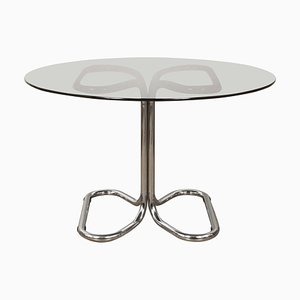 Italian Chrome Base and Smoked Glass Top Dining Table by Giotto Stoppino, Italy, 1970s