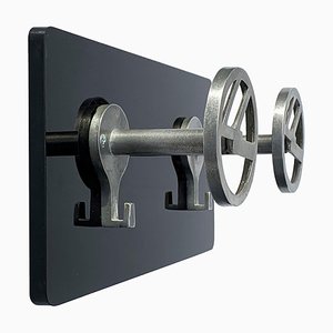 Art Deco Aluminum Wall Coat Hooks Mounted on Black Acrylic Glass, Italy, 1940s