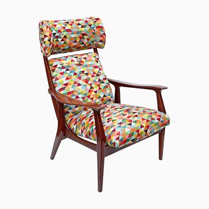 Mid-Century Italian Multicolour Fabric & Teak Wood Armchair, 1960s
