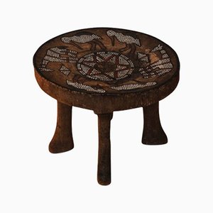 East African Kenyan Carved Wood Kamba Stool with Circular Seat Inset and Beaded Decoration