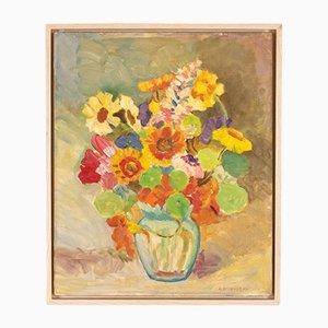 R. Anderberg, Bouquet de Fleurs Coloré, 1938, Acrylique sur Plaque, Encadré