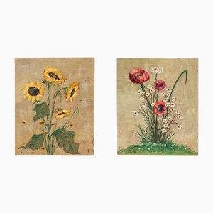 Mohn und Sonnenblumen, 1960er, Ölgemälde auf Teller, gerahmt, 2er Set