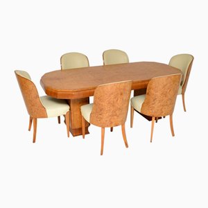 Art Deco Burr Walnut Dining Table & Cloud Back Chairs by Epstein, Set of 7