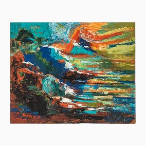 Albert Pinot, Paisaje costero abstracto, óleo sobre tabla, enmarcado
