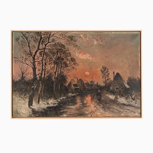 Dorfstrasse in the Sunset, Oil on Canvas, Framed
