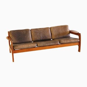 Vintage 3-Sitzer Sofa aus Teak mit Lederbezug, 1960er