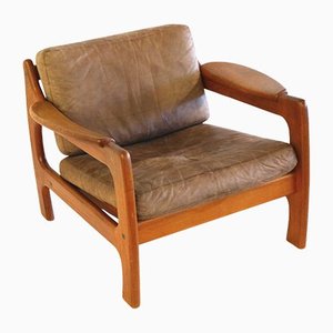 Vintage Teak Armchair with Leather Upholstery, 1960s
