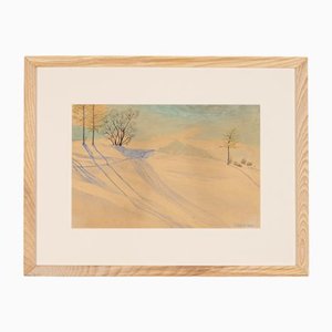 R. Ebster, Paesaggio invernale, 1946, Acquarello su carta, Incorniciato