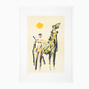 Nude Woman, Colored Lithograph on Paper, Framed